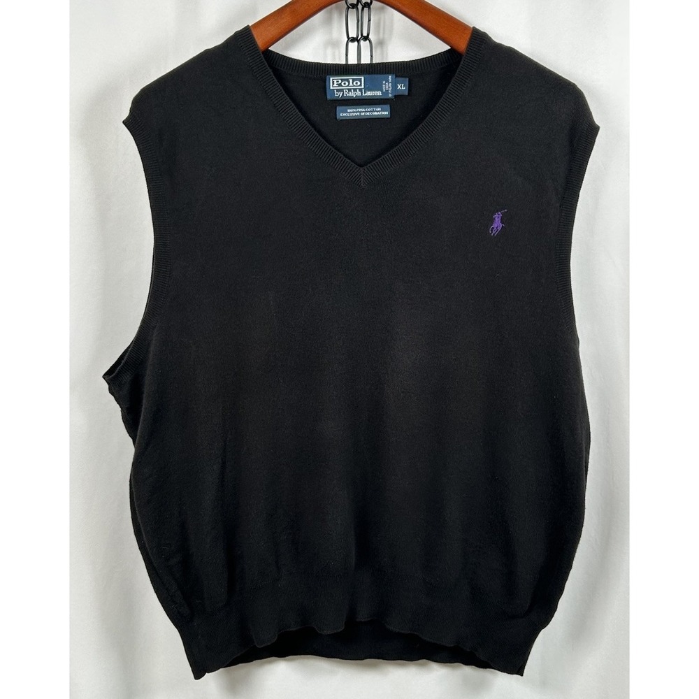 VTG Polo Ralph‎ Lauren Men's XL Black Sweater Vest Pima Cotton Purple Pony Logo